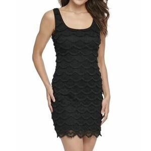 Guess Eyelash Fringe Sleeveless Bodycon Mini Sheath Dress Black Women's Size 6